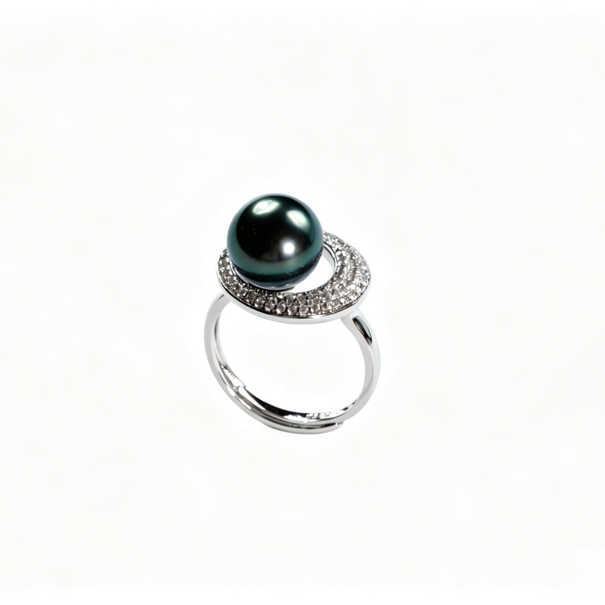 10-10.5mm Tahitian Pearl Ring, S925 Sterling Silver Crescent Pave cubic Zircon Ring, Peacock Green Tahitian Pearl Statement Ring for Party & Daily Wear（Pearl Variation）