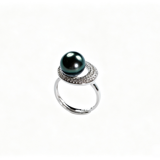 10-10.5mm Tahitian Pearl Ring, S925 Sterling Silver Crescent Pave cubic Zircon Ring, Peacock Green Tahitian Pearl Statement Ring for Party & Daily Wear（Pearl Variation）