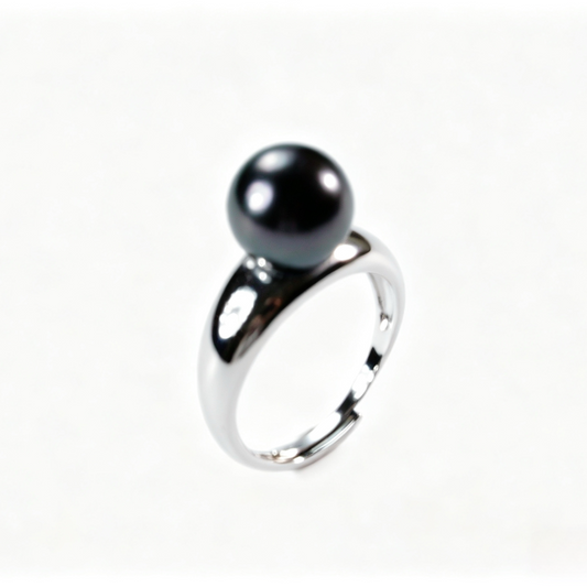 10-11mm Tahitian Pearl Ring, Polished S925 Sterling Silver Wide Band Open Ring, Deep Gunmetal Grey Tahitian Pearl for Work & Evening Wear(Pearl Variation)