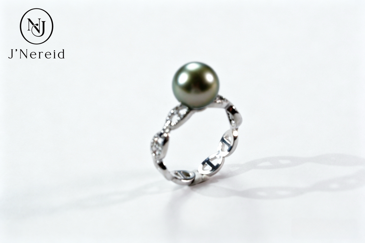9-10mm Tahitian Few Blemished Pearl Ring, Pig Nose Link Hollow Band with Pave Zircon, Cool Silver-Green Peacock Overtone, S925 Sterling Silver Adjustable Open Ring for Daily & Formal Occasions