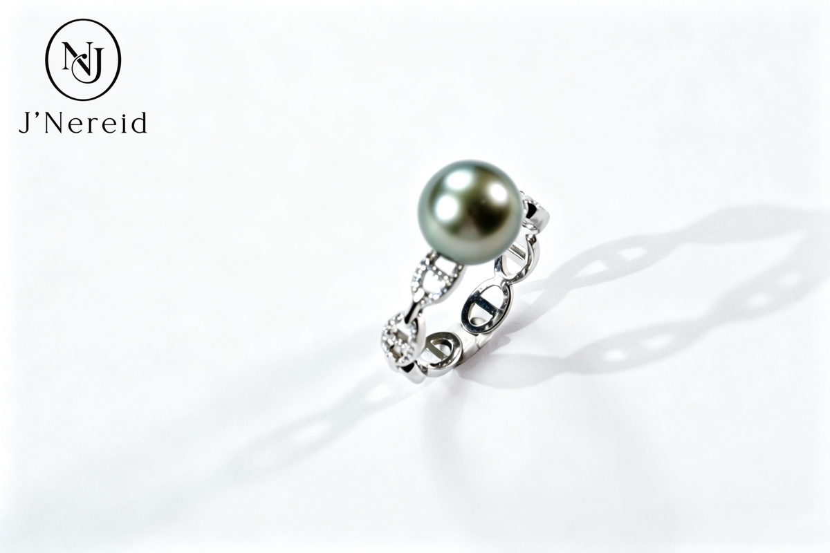 9-10mm Tahitian Few Blemished Pearl Ring, Pig Nose Link Hollow Band with Pave Zircon, Cool Silver-Green Peacock Overtone, S925 Sterling Silver Adjustable Open Ring for Daily & Formal Occasions