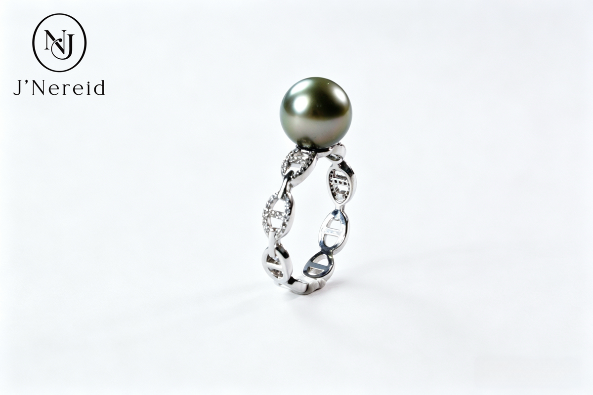 9-10mm Tahitian Few Blemished Pearl Ring, Pig Nose Link Hollow Band with Pave Zircon, Cool Silver-Green Peacock Overtone, S925 Sterling Silver Adjustable Open Ring for Daily & Formal Occasions
