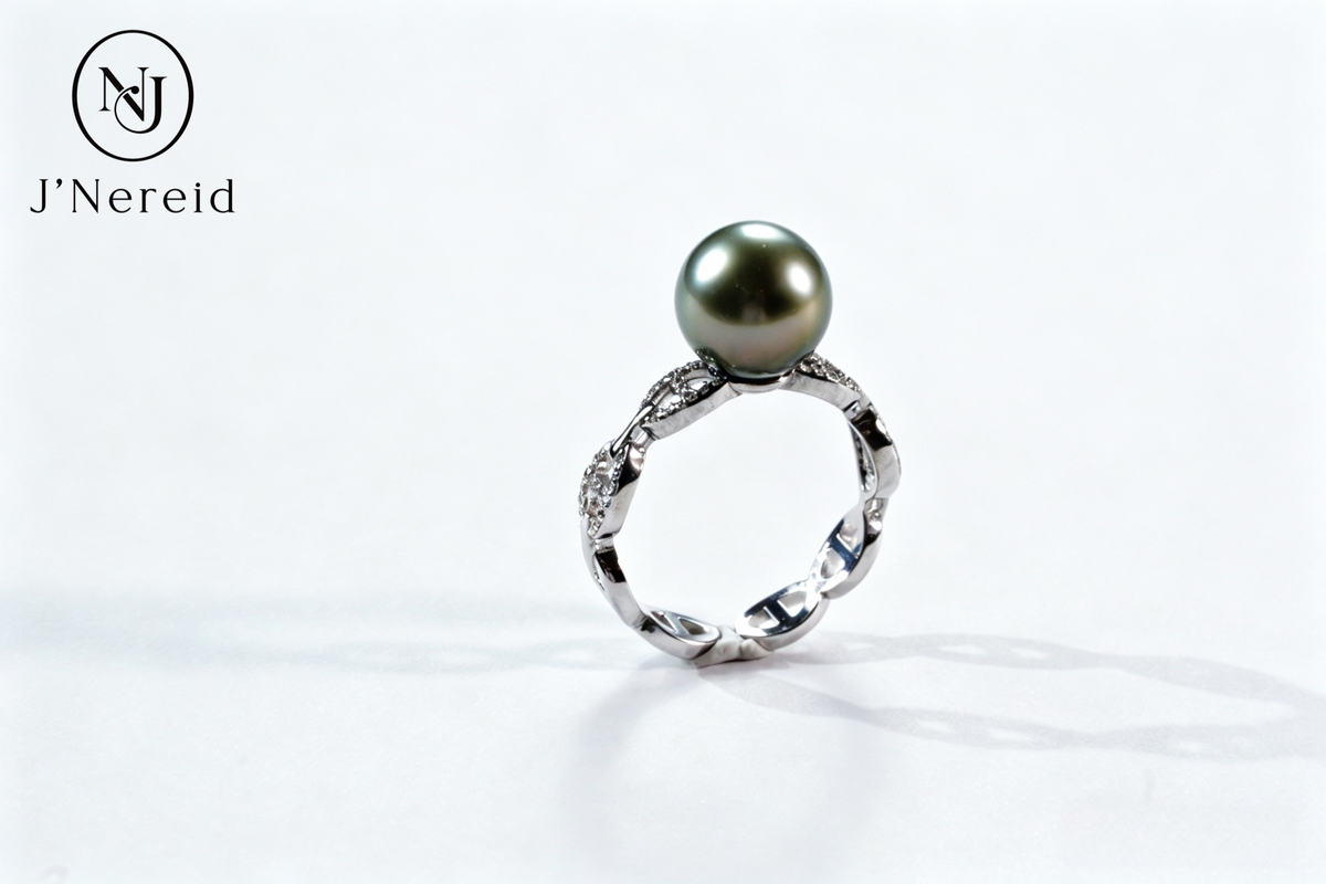 9-10mm Tahitian Few Blemished Pearl Ring, Pig Nose Link Hollow Band with Pave Zircon, Cool Silver-Green Peacock Overtone, S925 Sterling Silver Adjustable Open Ring for Daily & Formal Occasions