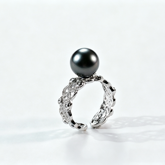 9-10mm Tahitian few blemished Pearl Ring, Lace Hollow Out Filigree Design, Cool Silver-Grey Peacock Overtone, S925 Sterling Silver Zircon Adjustable Open Ring, Luxury Jewelry for Daily & Formal Occasions(Pearl Variation)