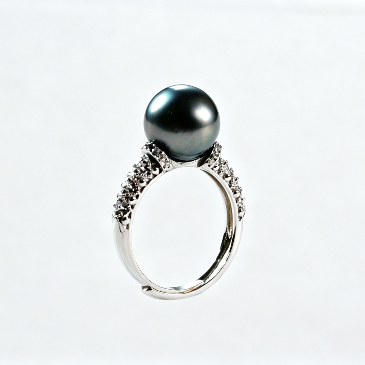 10-11mm Tahitian Pearl Ring, Few Blemished,Vintage Pavé Zircon S925 Sterling Silver Adjustable Open Ring, Deep Gunmetal Grey Tahitian Pearl for Daily Wear & Formal Events(Pearl Variation)