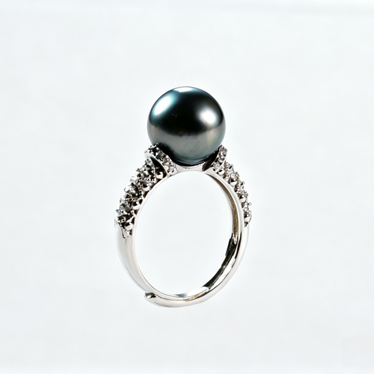 10-11mm Tahitian Pearl Ring, Few Blemished,Vintage Pavé Zircon S925 Sterling Silver Adjustable Open Ring, Deep Gunmetal Grey Tahitian Pearl for Daily Wear & Formal Events(Pearl Variation)