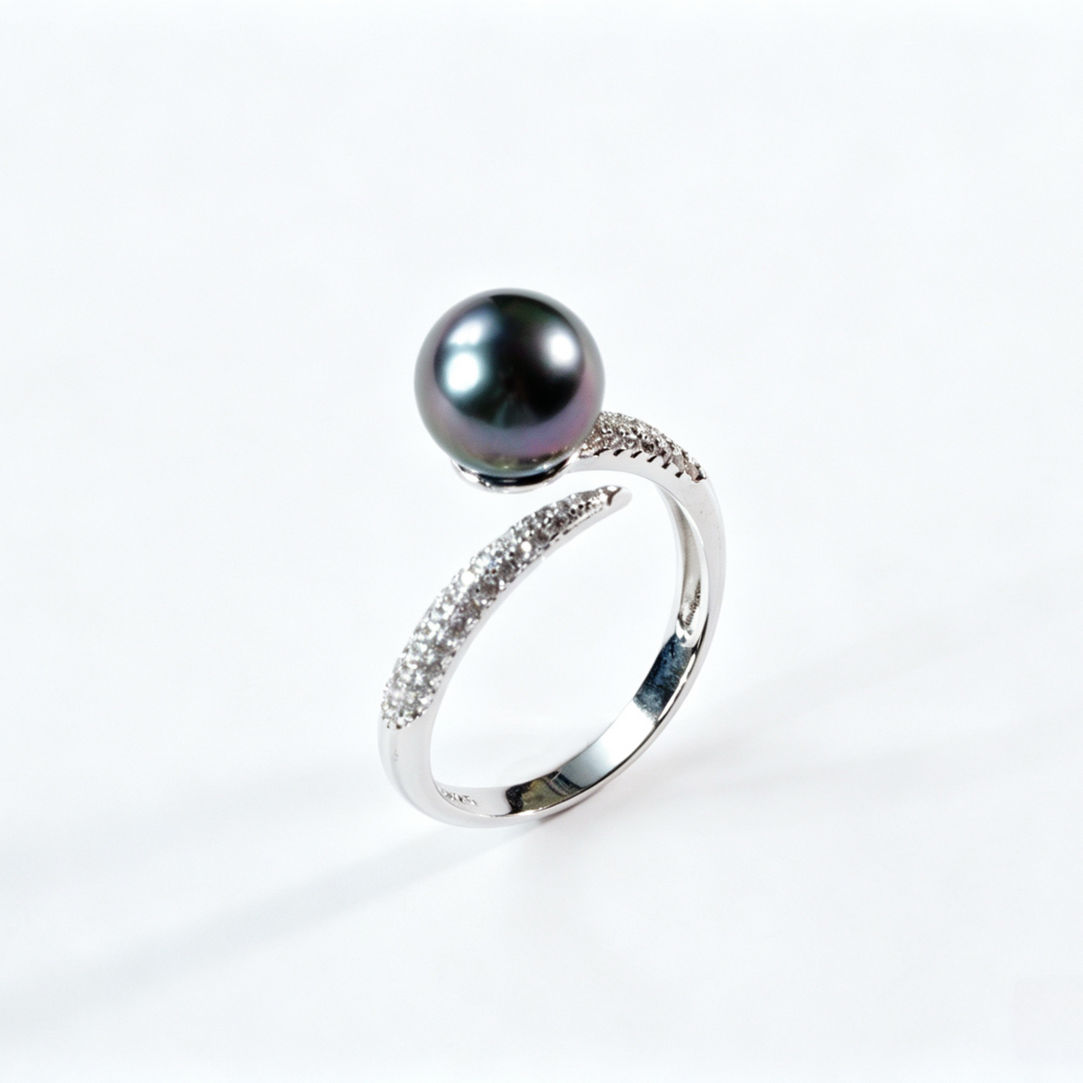 8.5-9mm Tahitian Pearl Open Ring, S925 Sterling Silver Pave Zircon Bypass Ring, Gunmetal Grey Tahitian Pearl Statement Ring for Evening & Daily Wear（Pearl Variation）