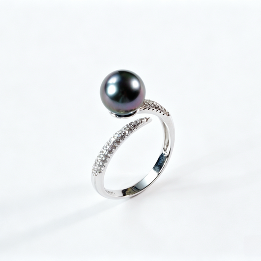 8.5-9mm Tahitian Pearl Open Ring, S925 Sterling Silver Pave Zircon Bypass Ring, Gunmetal Grey Tahitian Pearl Statement Ring for Evening & Daily Wear（Pearl Variation）