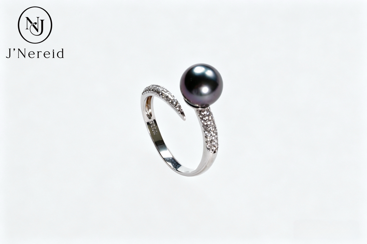 8.5-9mm Tahitian Pearl Open Ring, S925 Sterling Silver Pave Zircon Bypass Ring, Gunmetal Grey Tahitian Pearl Statement Ring for Evening & Daily Wear（Pearl Variation）