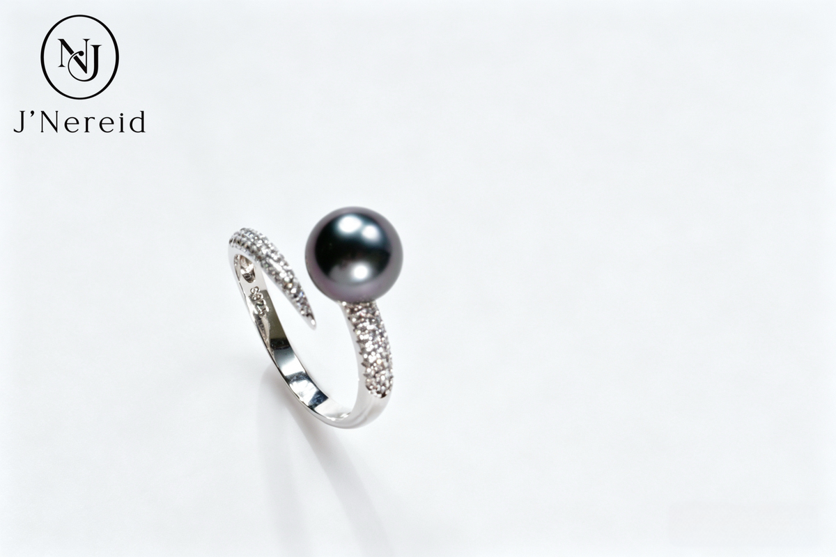8.5-9mm Tahitian Pearl Open Ring, S925 Sterling Silver Pave Zircon Bypass Ring, Gunmetal Grey Tahitian Pearl Statement Ring for Evening & Daily Wear（Pearl Variation）