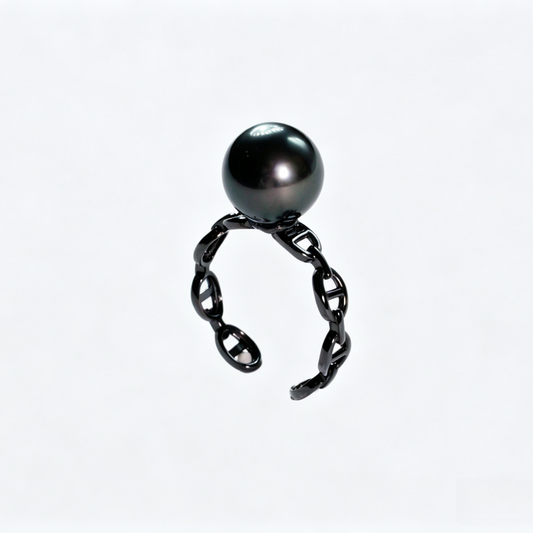 9.5-10mm Tahitian Pearl Ring, Few Blemished,Gunmetal Black Plated S925 Sterling Silver Chain Link Open Ring, Dark Grey Tahitian Pearl for Daily & Night Out(Pearl Variation)