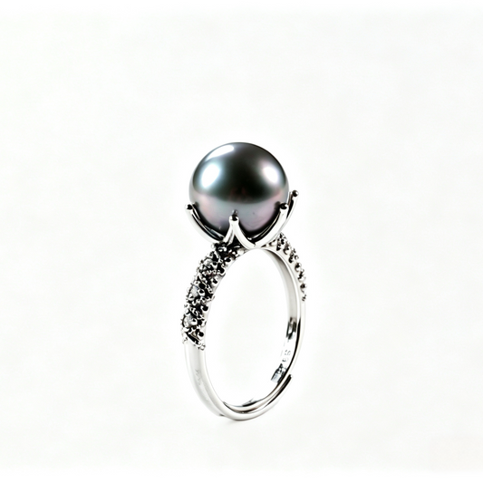 10-11mm Tahitian Black Pearl Ring, Cool Grey Silver Peacock Overtones,few blemished  S925 Sterling Silver Four-Prong Setting with Pave Zircon Band, Luxury Statement Ring for Gala & Daily Wear(Pearl Variation)