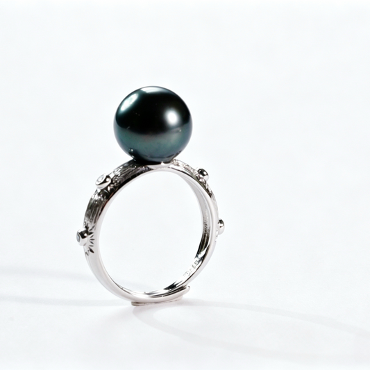 10-11mm Tahitian Pearl Ring, Slightly Blemished,Vintage Engraved S925 Sterling Silver Adjustable Open Ring, Peacock Green Grey Tahitian Pearl for Daily & Formal Occasions(Pearl Variation)