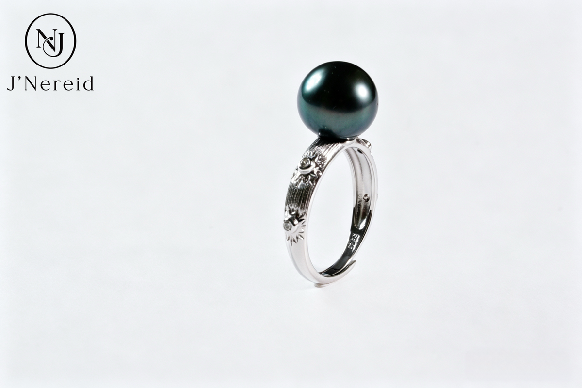 10-11mm Tahitian Pearl Ring, Slightly Blemished,Vintage Engraved S925 Sterling Silver Adjustable Open Ring, Peacock Green Grey Tahitian Pearl for Daily & Formal Occasions(Pearl Variation)