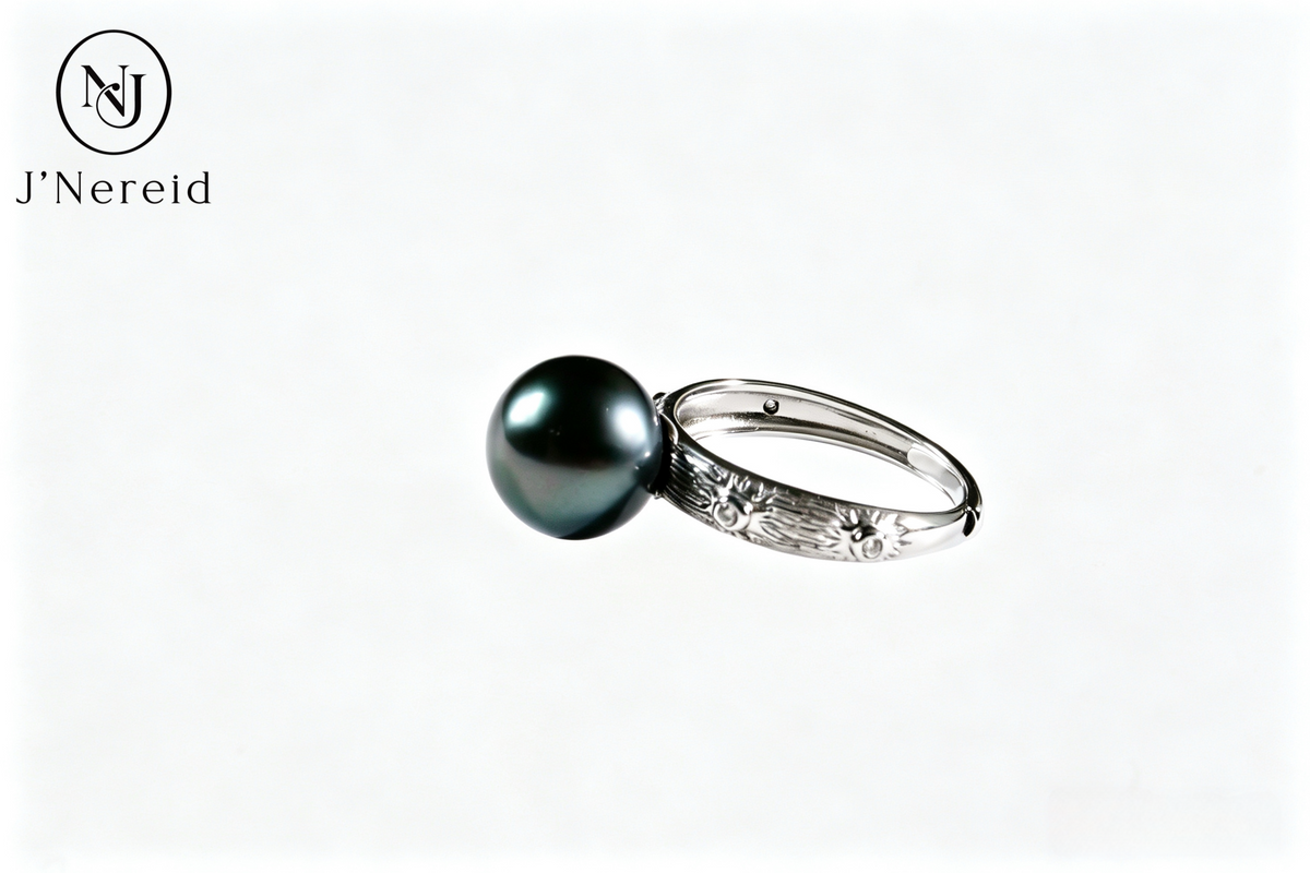 10-11mm Tahitian Pearl Ring, Slightly Blemished,Vintage Engraved S925 Sterling Silver Adjustable Open Ring, Peacock Green Grey Tahitian Pearl for Daily & Formal Occasions(Pearl Variation)