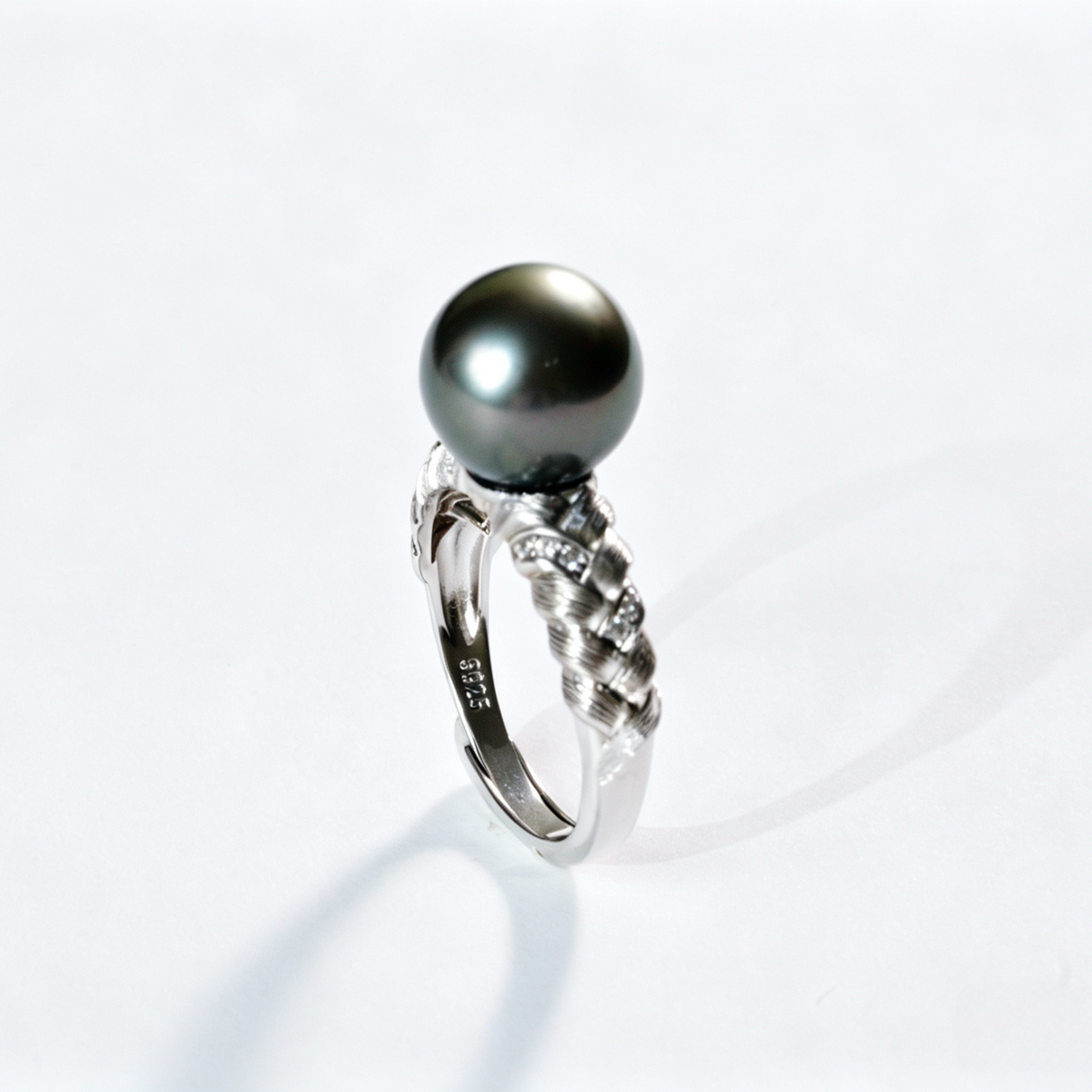 Textured Braided S925 Silver Tahitian Black Pearl Ring few blemished 10-11mm with Accent Zircon, Statement Ring for Evening & Formal Occasions（Pearl Variation)