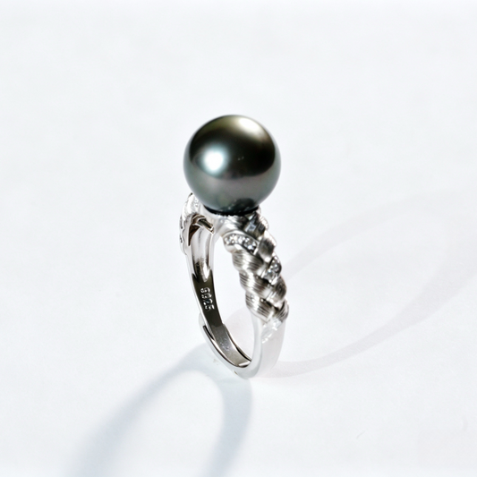 Textured Braided S925 Silver Tahitian Black Pearl Ring few blemished 10-11mm with Accent Zircon, Statement Ring for Evening & Formal Occasions（Pearl Variation)