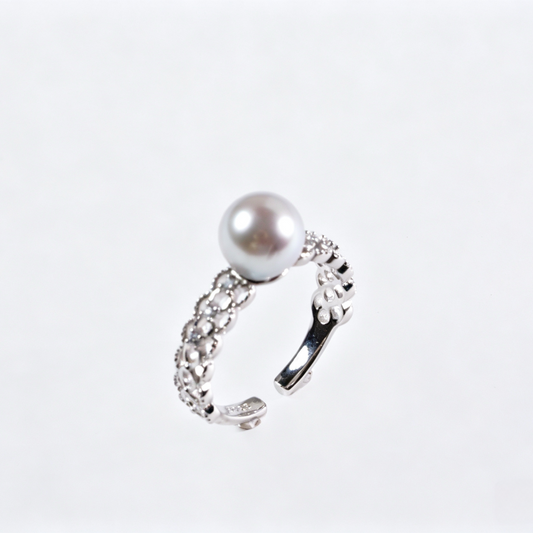 Madama Tone Japanese Akoya Pearl Ring 7-8mm Cool Silver Grey Akoya Pearl S925 Sterling Silver Open Hollow Lace Band Zircon Inlaid Vintage Stackable Fine Jewelry for Women(Pearl Variation)