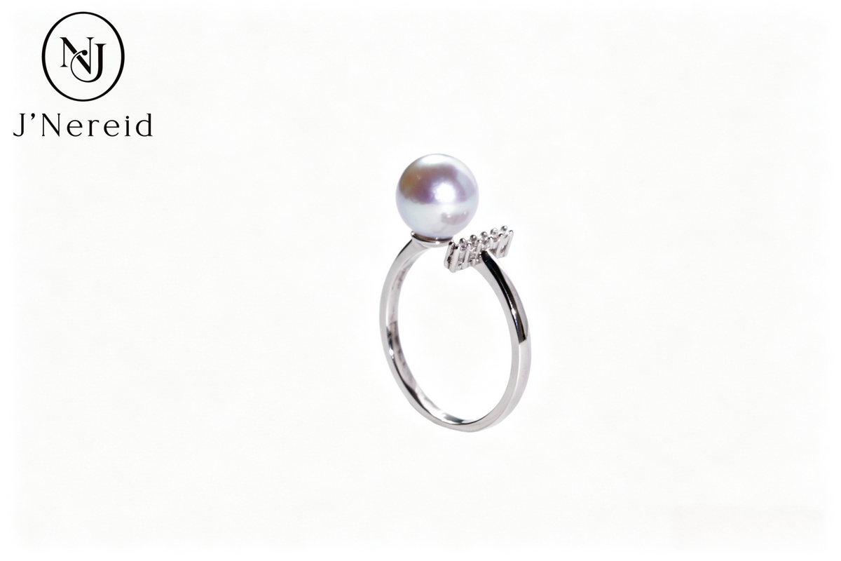 Madama Tone Japanese Akoya Pearl Ring 7-8mm Cool Silver Grey Akoya Pearl S925 Sterling Silver Split Shank Paved Zircon Dainty Stackable Fine Jewelry Gift for Women(Pearl Variation)
