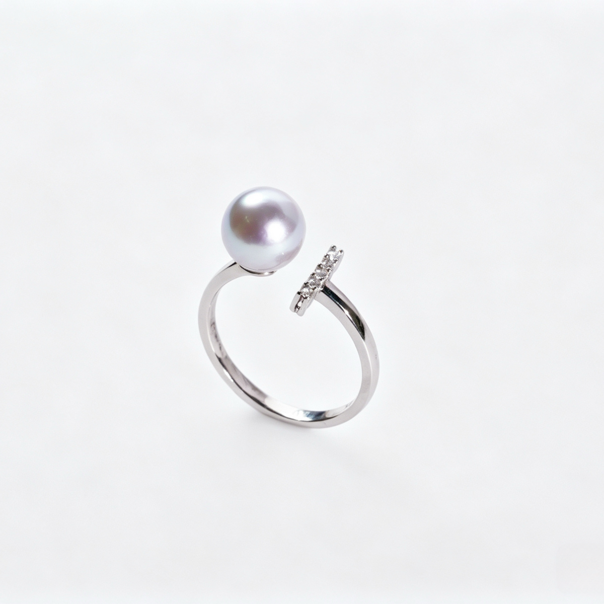 Madama Tone Japanese Akoya Pearl Ring 7-8mm Cool Silver Grey Akoya Pearl S925 Sterling Silver Split Shank Paved Zircon Dainty Stackable Fine Jewelry Gift for Women(Pearl Variation)