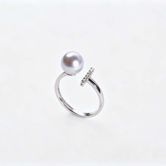 Madama Tone Japanese Akoya Pearl Ring 7-8mm Cool Silver Grey Akoya Pearl S925 Sterling Silver Split Shank Paved Zircon Dainty Stackable Fine Jewelry Gift for Women(Pearl Variation)