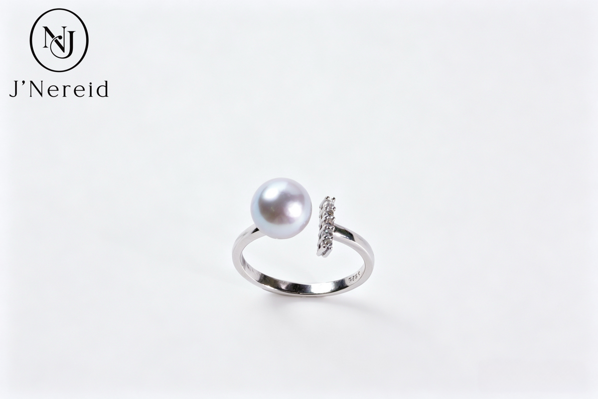 Madama Tone Japanese Akoya Pearl Ring 7-8mm Cool Silver Grey Akoya Pearl S925 Sterling Silver Split Shank Paved Zircon Dainty Stackable Fine Jewelry Gift for Women(Pearl Variation)