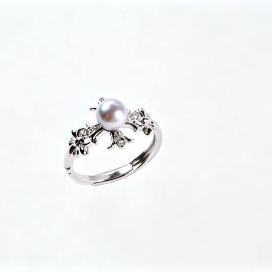 Madama Tone Japanese Akoya Pearl Ring 6-7mm Silver Grey Akoya Pearl S925 Sterling Silver Vintage Floral Paved Zircon Dainty Stackable Fine Jewelry Gift for Women（Pearl Variation）