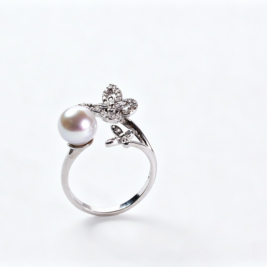 Madama Tone Japanese Akoya Pearl Ring 7-8mm Silver Grey Akoya Pearl S925 Sterling Silver Open Cuff Butterfly Zircon Adjustable Stackable Fine Jewelry Gift for Women（Pearl Variation)