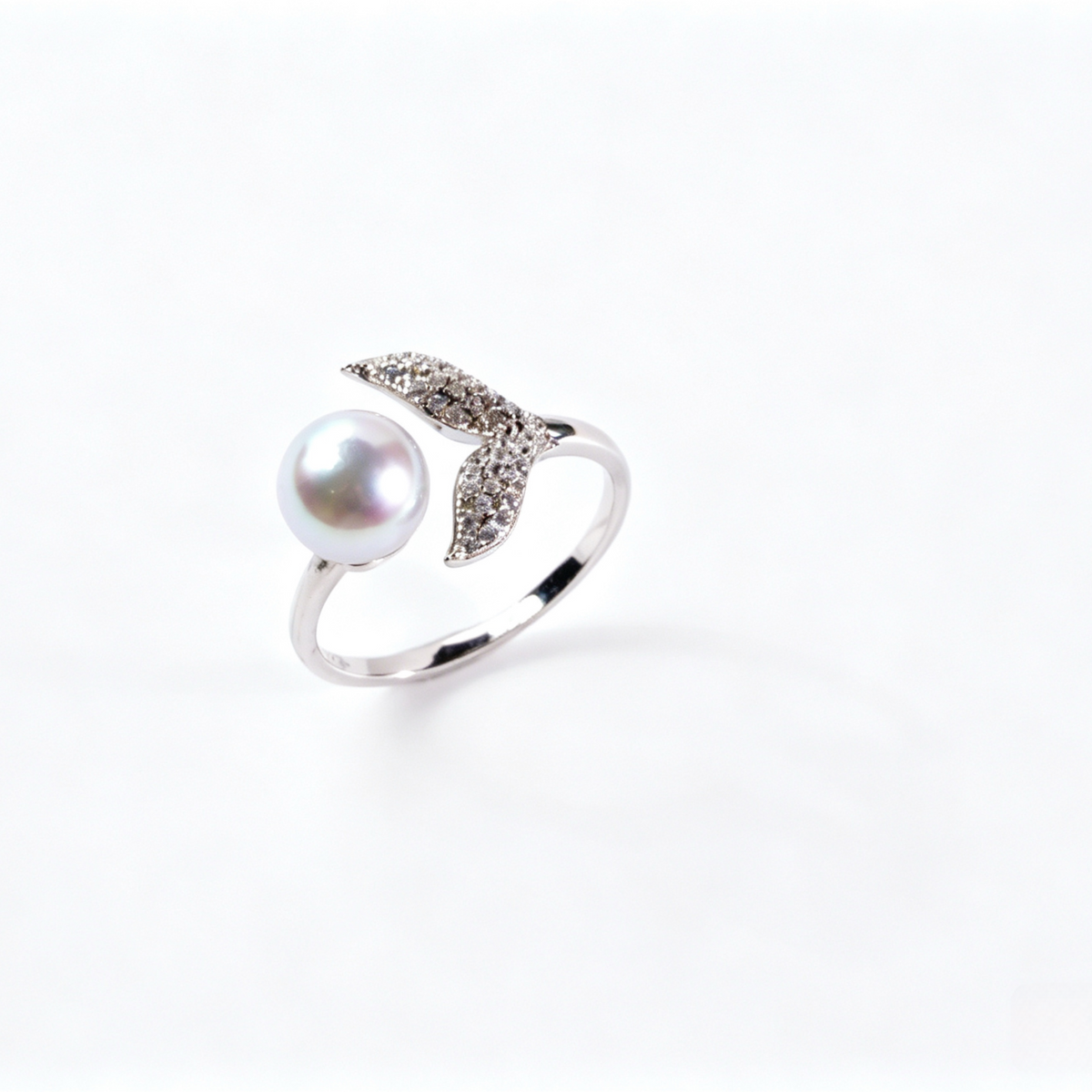 Madama Tone Japanese Akoya Pearl Ring 7-8mm Silver Grey Akoya Pearl S925 Sterling Silver Full Zircon Mermaid Tail Open Adjustable Stackable Fine Jewelry Gift for Women（Pearl Variation）