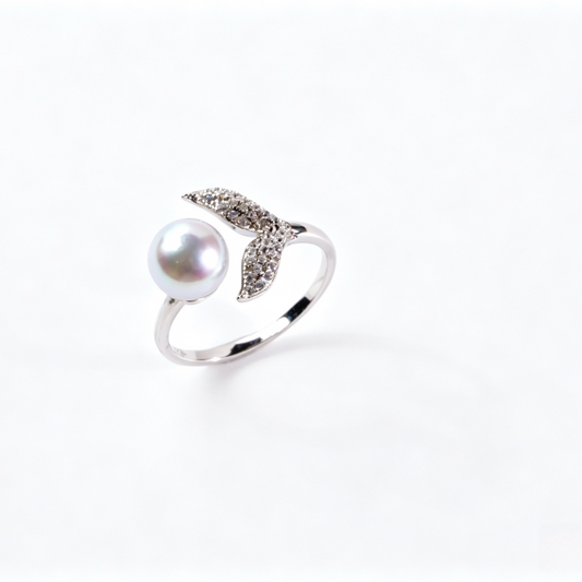 Madama Tone Japanese Akoya Pearl Ring 7-8mm Silver Grey Akoya Pearl S925 Sterling Silver Full Zircon Mermaid Tail Open Adjustable Stackable Fine Jewelry Gift for Women（Pearl Variation）