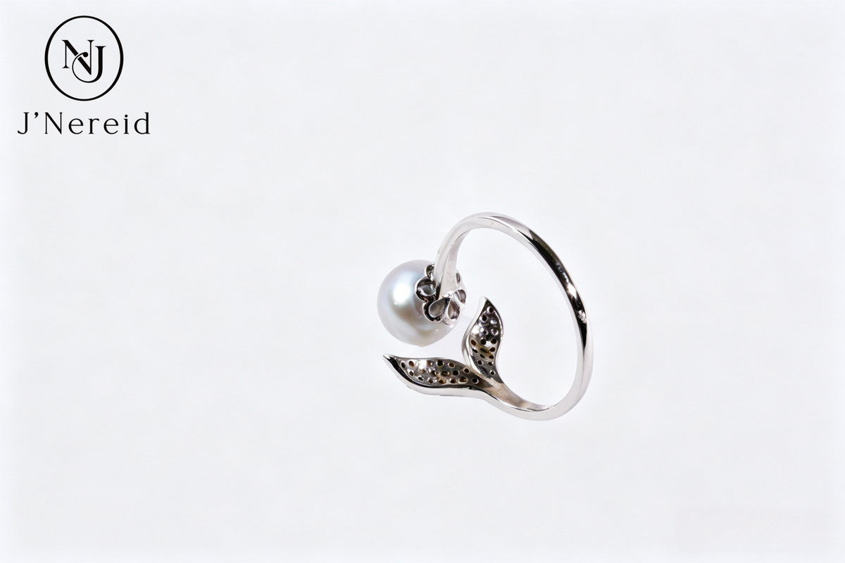 Madama Tone Japanese Akoya Pearl Ring 7-8mm Silver Grey Akoya Pearl S925 Sterling Silver Full Zircon Mermaid Tail Open Adjustable Stackable Fine Jewelry Gift for Women（Pearl Variation）