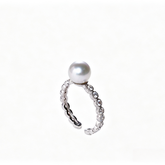 Madama Tone Japanese Akoya Pearl Ring 7-8mm Silver Grey Akoya Pearl S925 Sterling Silver Dual Side Paved Zircon Half Eternity Timeless Stackable Fine Jewelry Gift for Women（Pearl Variation）