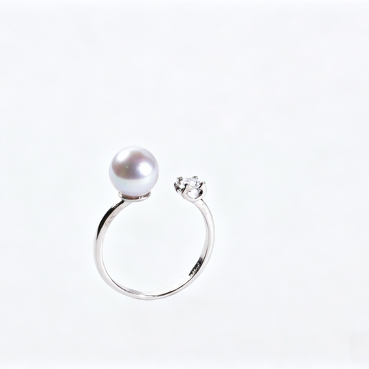 Madama Tone Japanese Akoya Pearl Ring 7-8mm Silver Grey Akoya Pearl S925 Sterling Silver Single Tiny Zircon Accent Minimal Timeless Stackable Fine Jewelry Gift for Women(Pearl Variation)