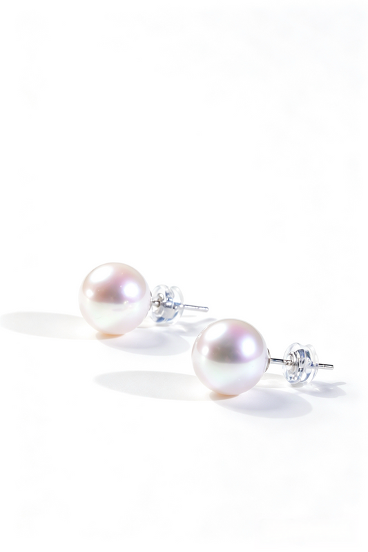 10-11mm White Freshwater Pearl  Strong Luster ,Nearly Round Pearl Earring Stud-AAA Quality