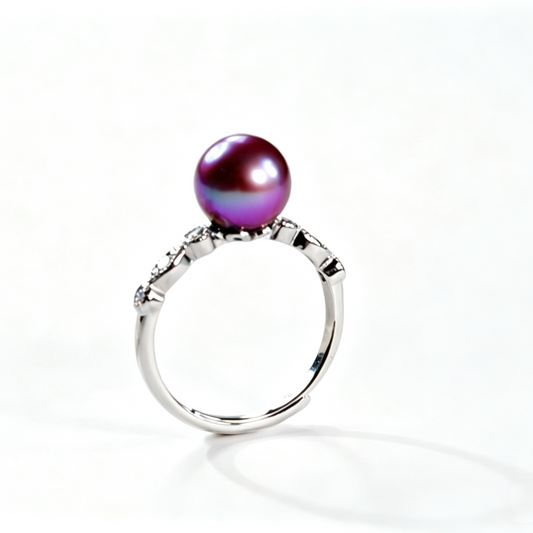 Vintage Wheat‑Shank Pave Crystal Freshwater Edison Deep Purple Pearl Ring 8‑9mm | S925 Sterling Silver Open Adjustable Ring for Office Banquet Gift（Pearl Variation）